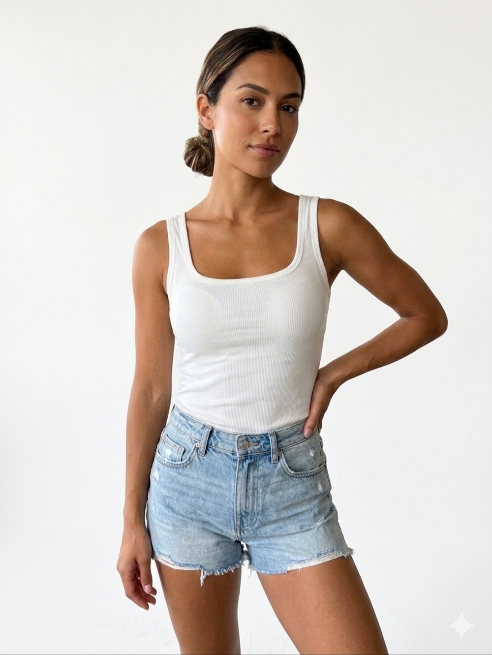 Set/2 White & Light Beige Ribbed Tank Tops with Built In Bra